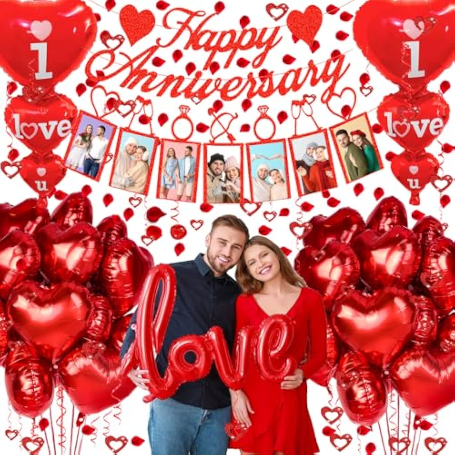 Happy Anniversary Decorations Set - Happy Anniversary Banner And Balloons, Photo Banner, I Love You And Red Heart Balloons With Rose Petals For Weddings, Valentine'S Day And Anniversaries