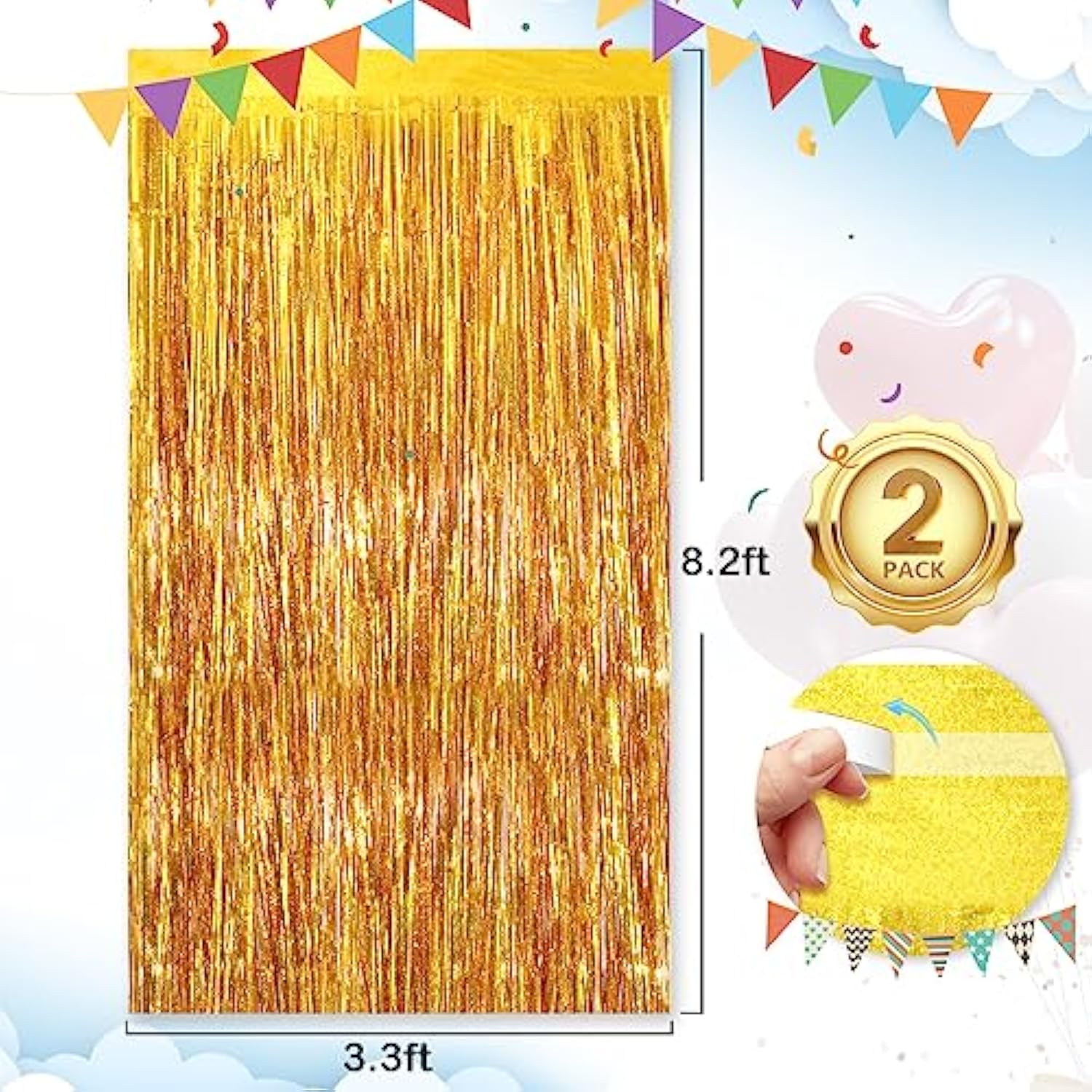 2 Pack Gold Tinsel Streamers 3.3x8.3ft Fringe Backdrop for Party Decor