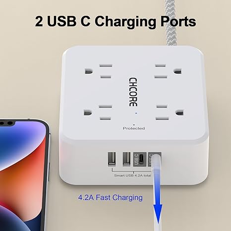 Surge Protector Power Strip with 8 Outlets 4 USB Ports 2 USB C 5FT Braided Flat Plug Extension Cord White