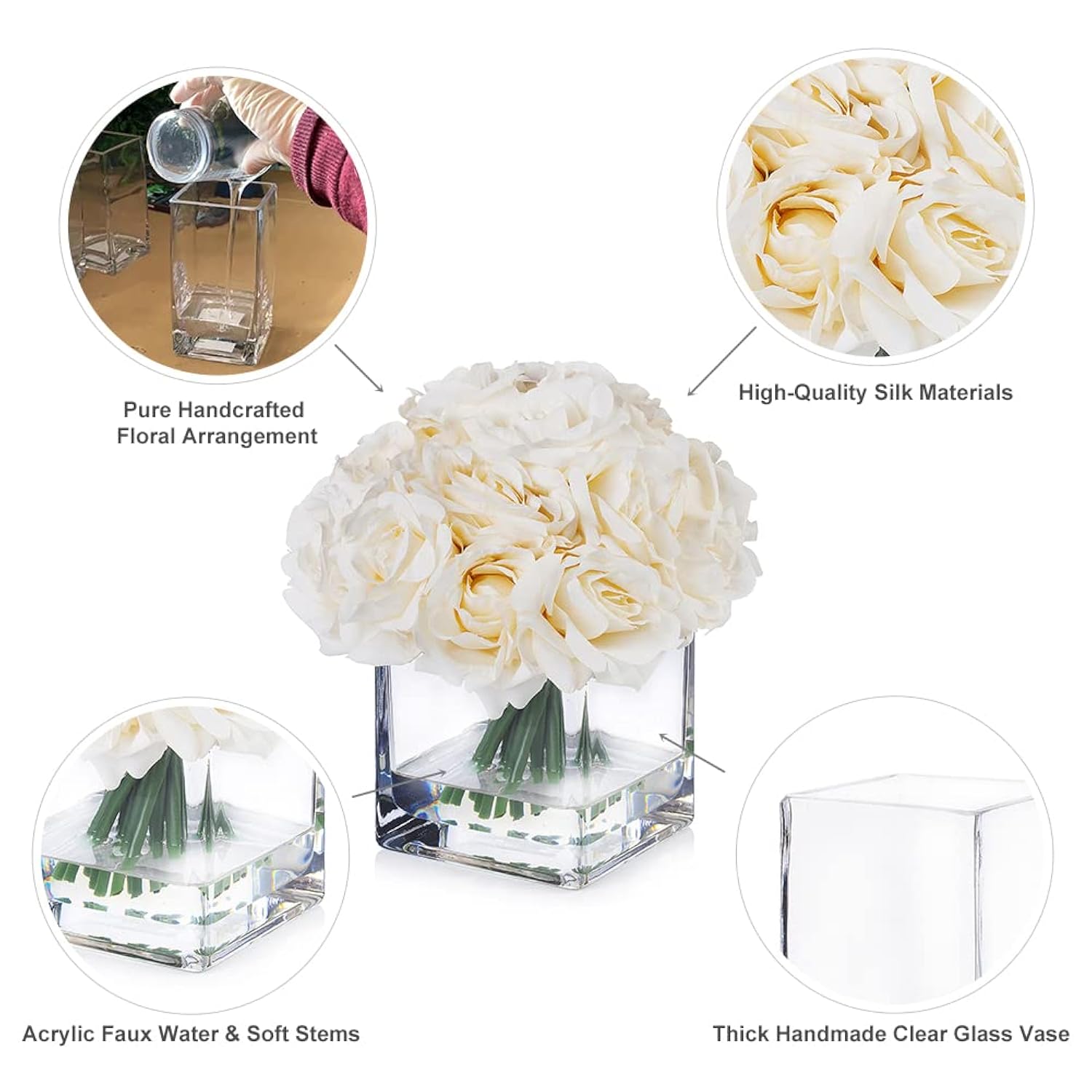 18 Pieces Rose Artificial Flowers In Vase, Artificial Flowers Arrangements In Vase With Faux Water For Dining Table Decoration, Home Decor Indoor(Cream)