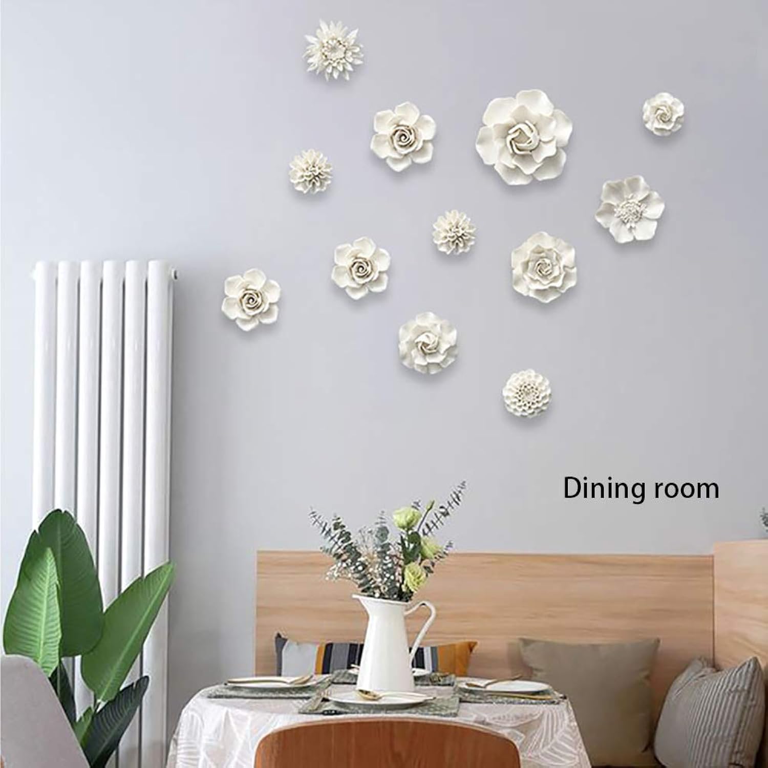 Ceramic Flower Wall Décor Artificial 3D Flower Wall Art For Living Room Home Hallway Bedroom Kitchen Farmhouse Bathroom Dining Room, White, F3, 3.93 Inch