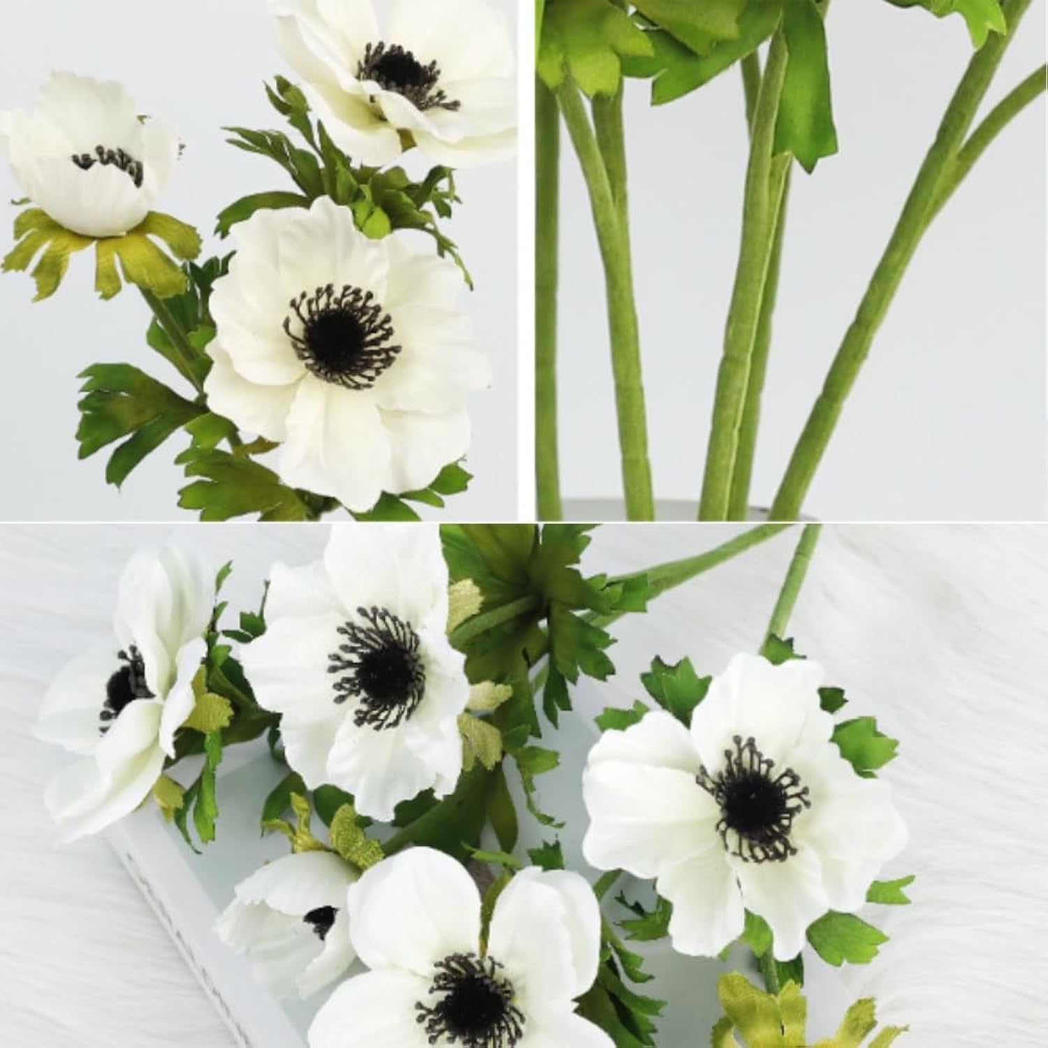 White Artificial Anemone Flowers 21.6" Faux Flowers Silk Flowers With Stems Realistic Fake Flowers For Decoration Faux Anemone Artificial Flowers Bulk Fo Home Wedding Bouquet 3Pack