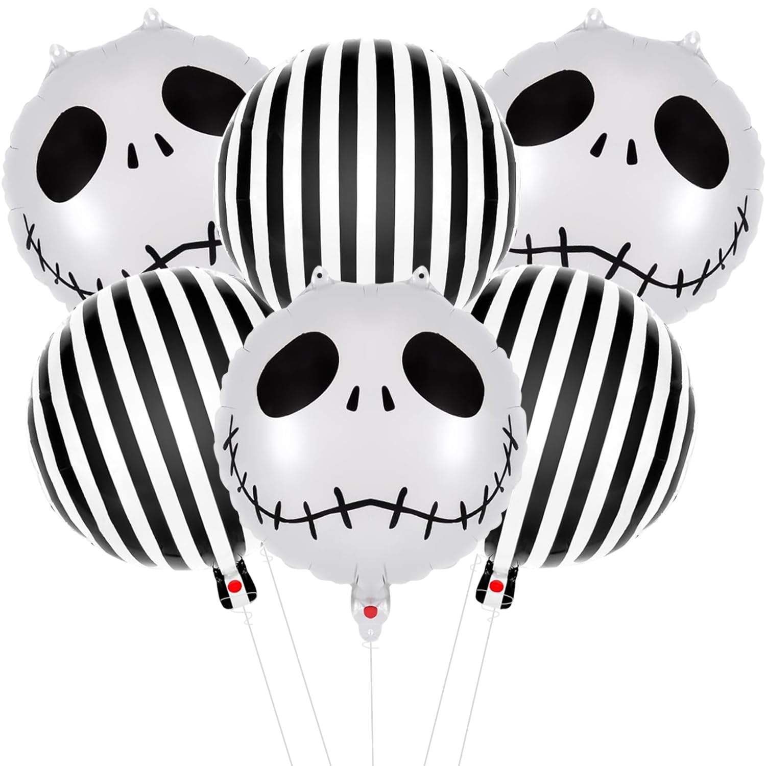 6Pcs Skull Foil Black And White Striped Balloons For Halloween Party Decorations, Black And White Halloween Decor, Nightmare Before Christmas Trunk Or Treat And Party Decorations