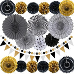 Party Decorations, Black And Gold Hanging Paper Fans, Pom Poms Flowers, Pennant, Garland String, Banner For Birthday Parties Wedding Décor, Table & Wall Decorations