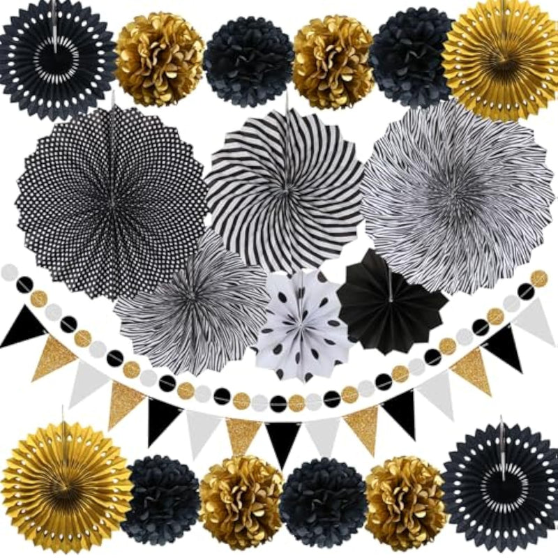 Party Decorations, Black And Gold Hanging Paper Fans, Pom Poms Flowers, Pennant, Garland String, Banner For Birthday Parties Wedding Décor, Table & Wall Decorations