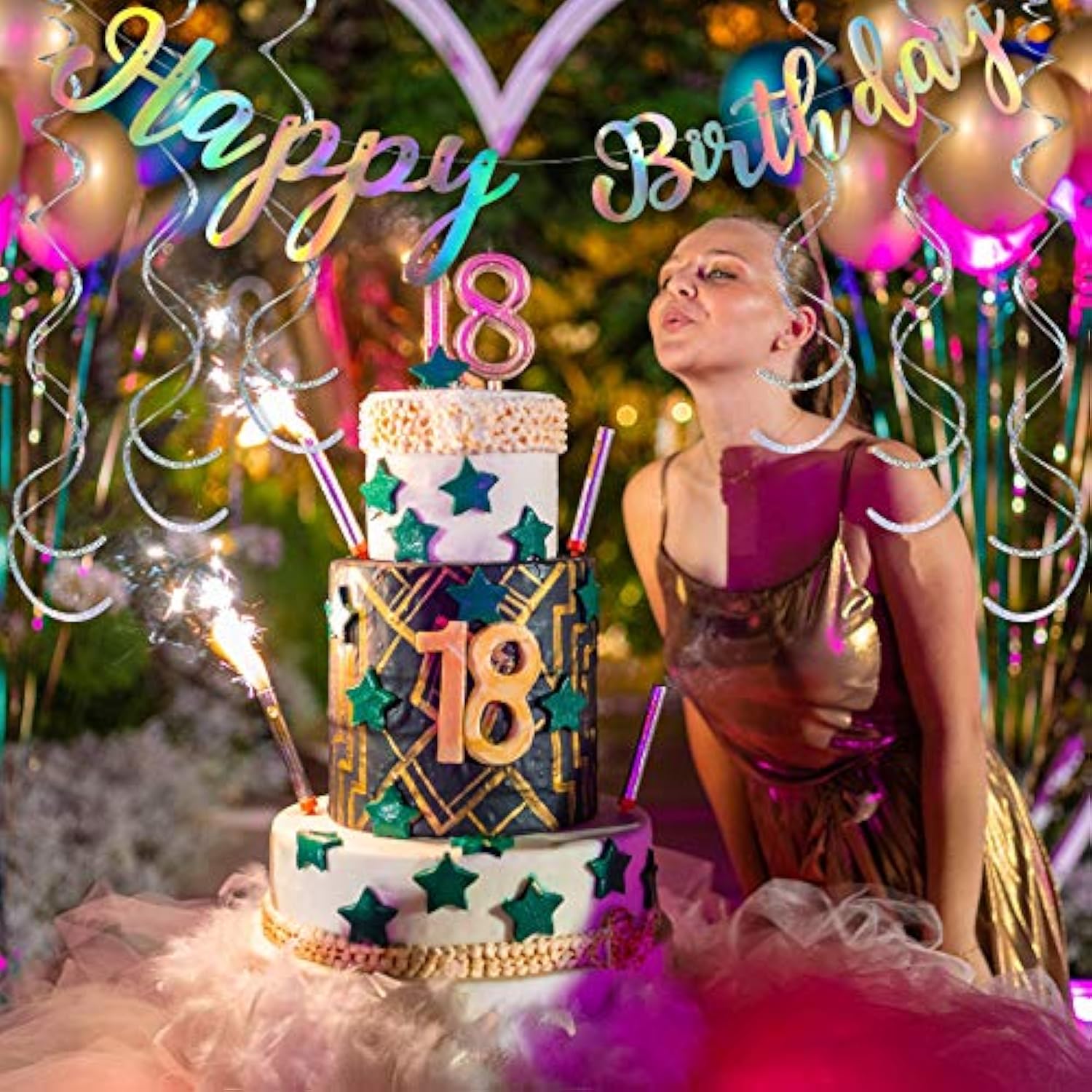 9 Pcs Iridescent Party Decoration Disco Happy Birthday Banner Rainbow Shiny Circle Garlands Holographic Hanging Dots Streamer Backdrop For Pre-Strung Iridescent Party Favor Supplies