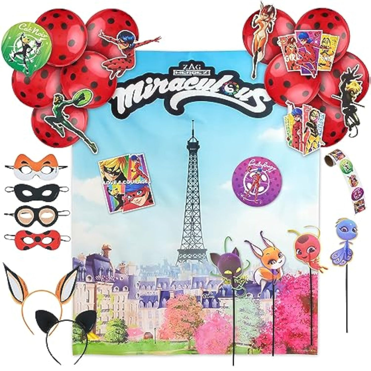 50 Pc Zag Heroez / Ladybug Themed Birthday Party Box Supplies, Backdrop & Props