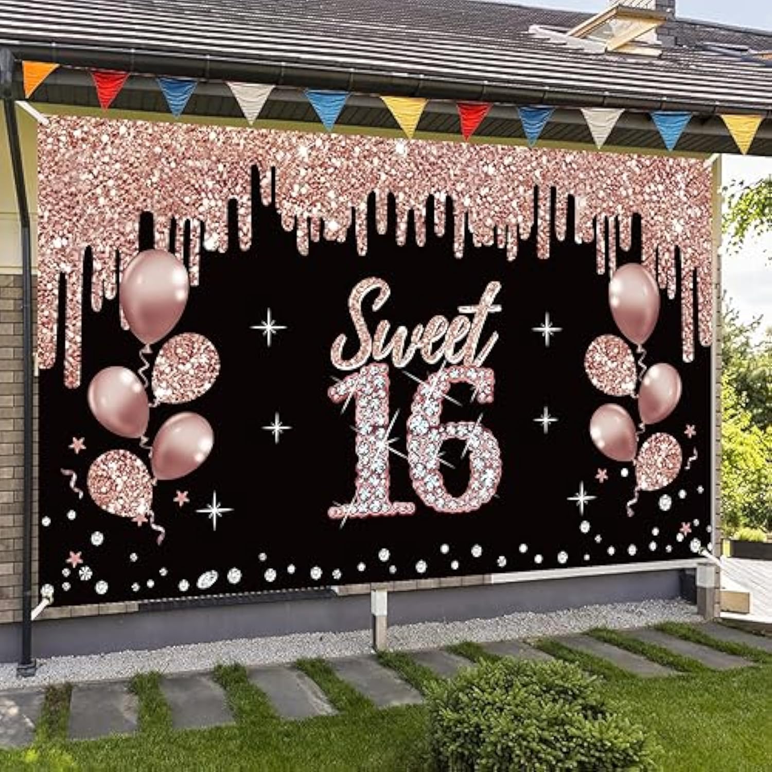 Rose Gold Sweet 16 Birthday Banner for Girls, Photo Booth Party Supplies
