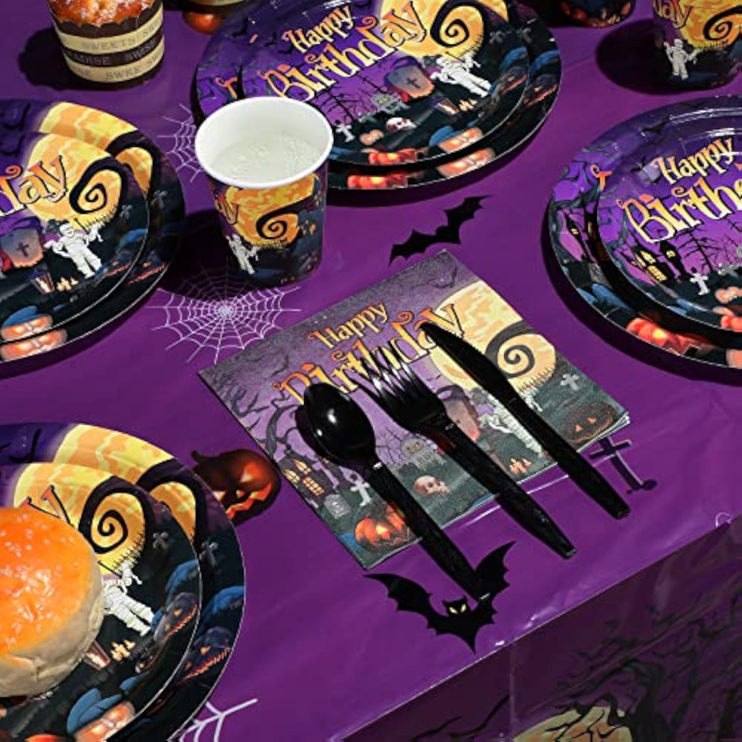 Halloween Party Tableware Set for 25 – Kids’ Birthday Plates, Cups & Utensils, Disposable Decor