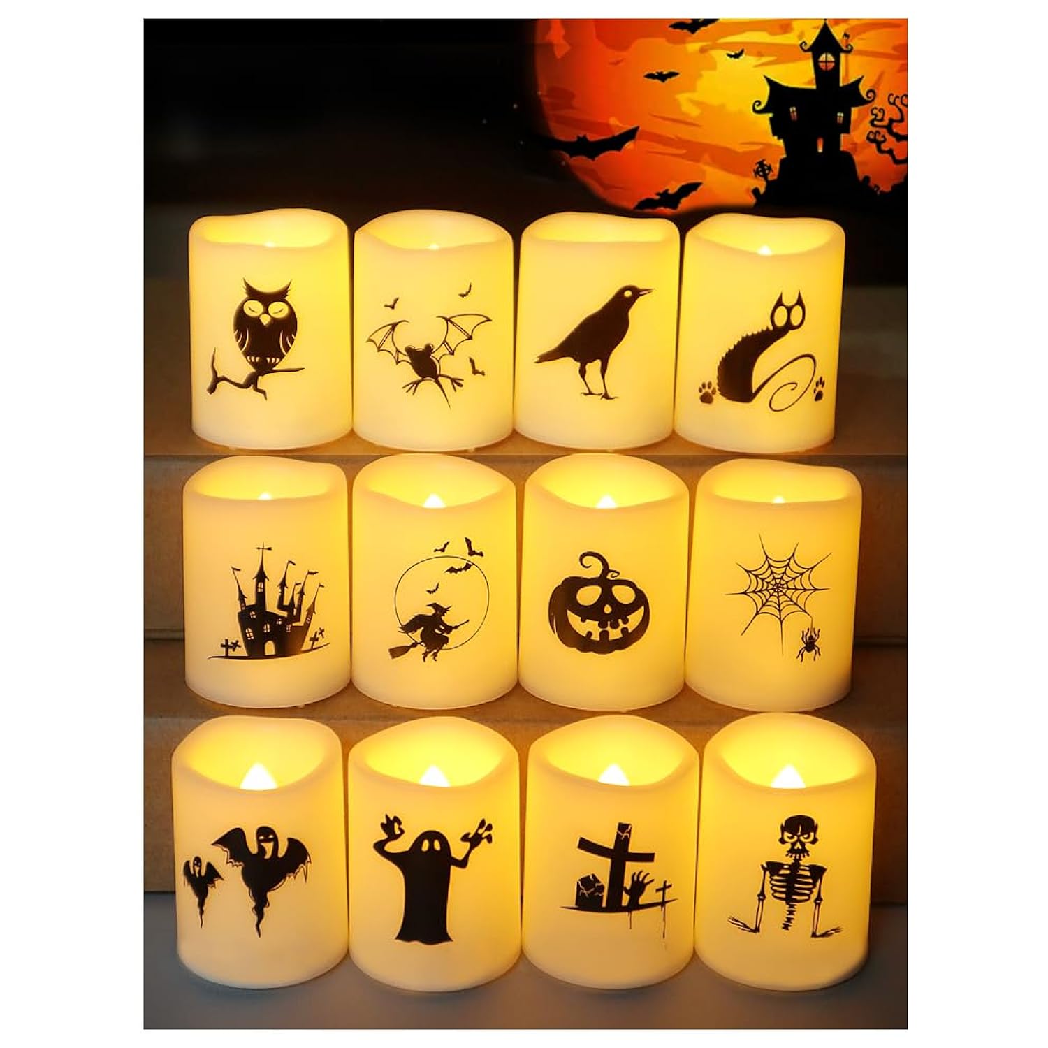 Set Of 12 Halloween Votive Candles Battery Operated (White Body, Warm White Flicker) - Flameless Unscented Candles With Halloween Decals - Led Flickering Flameless Votive Candle