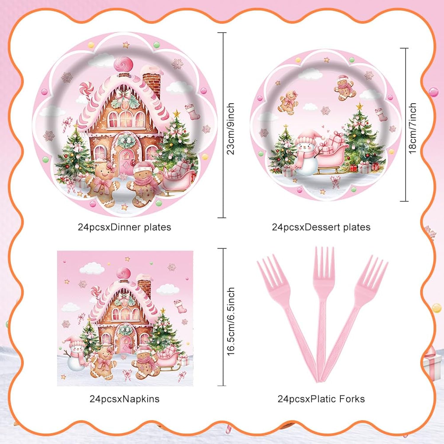 Christmas Pink Gingerbread House Tableware Set 96 Pcs Disposable Plates Napkins Forks Snowman Gingerbread Man Xmas Tree Happy Birthday Merry Christmas Party Decorations Serve 24 Guests