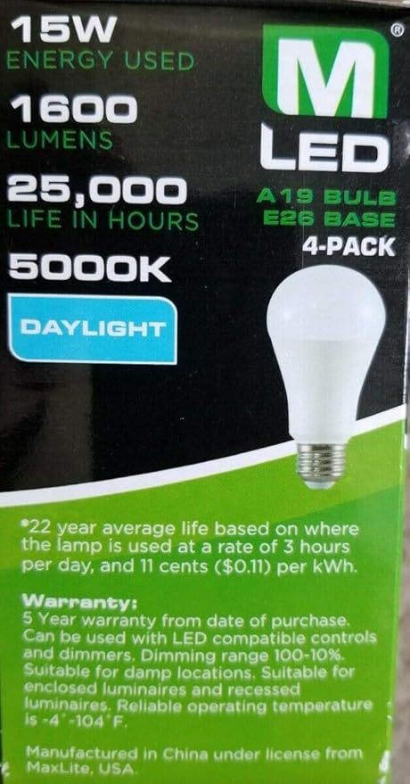 4 Pack A19 LED Dimmable Light Bulbs 100W Equivalent Daylight 5000K White Bulbs