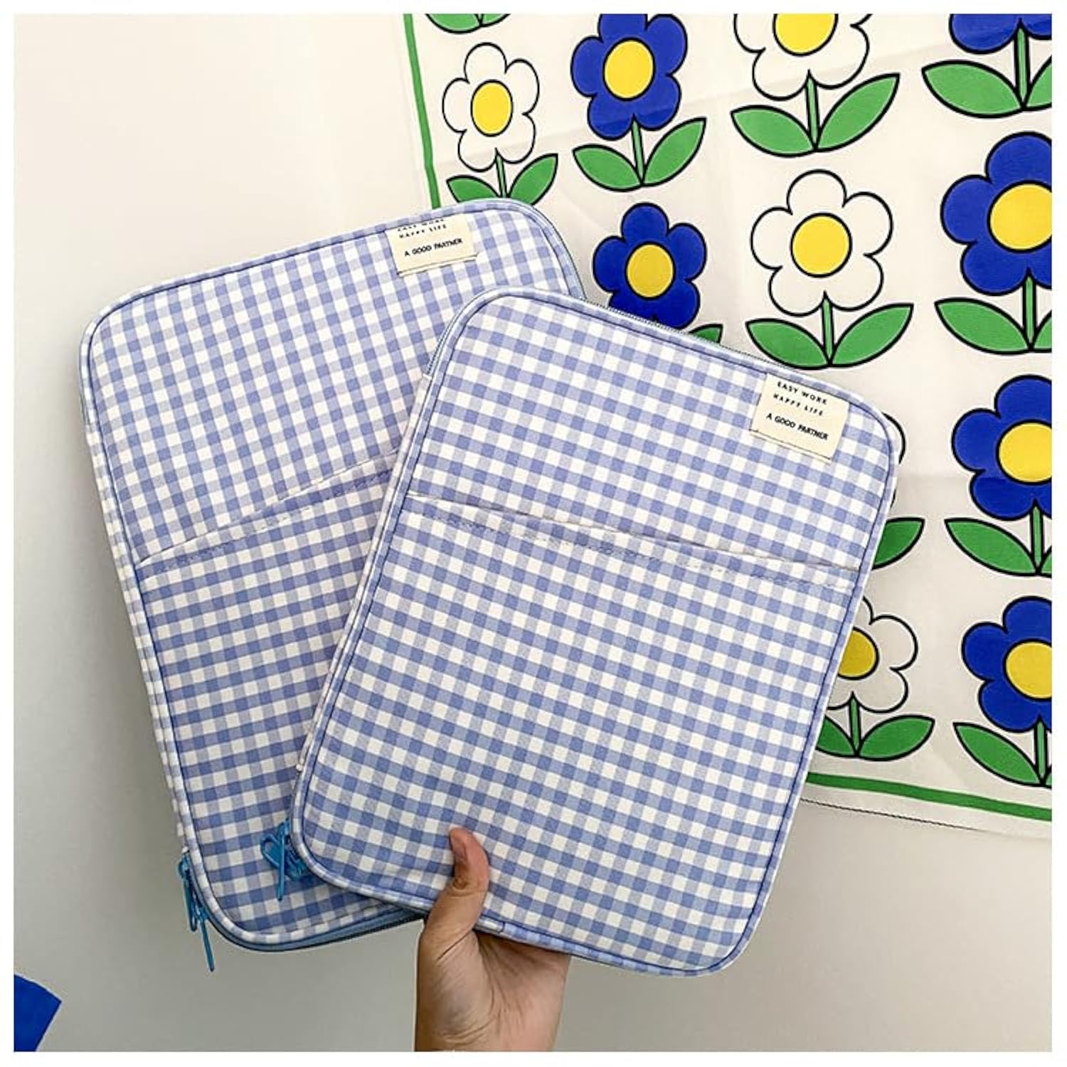 Gingham Puffy Laptop Sleeve 11-13 Inch Y2K Coquette Carrying Laptop Bag Fairycore Cover Pouch Sleeve Computer Liner Bag (11 Inch,Blue)