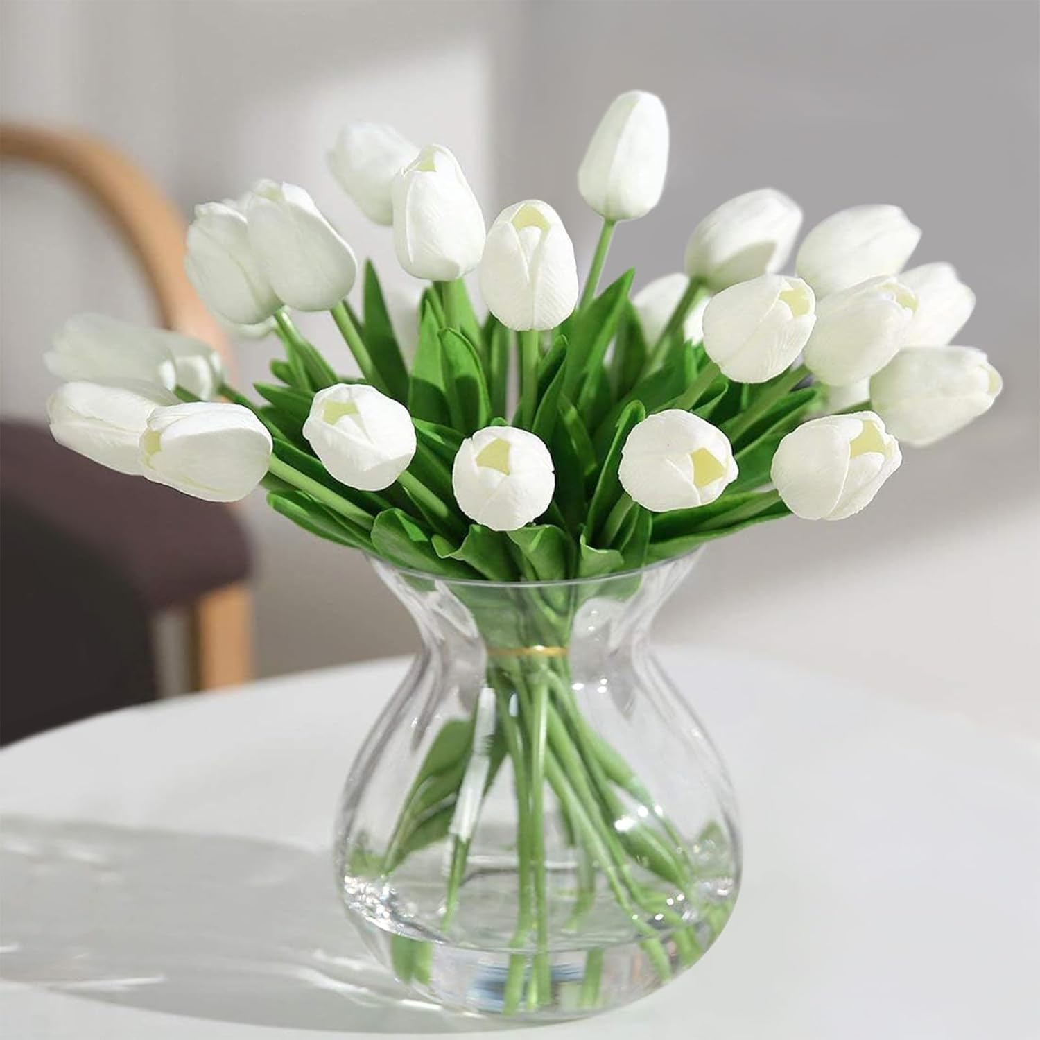 Tulips Artificial Flowers 20 Pcs White Fake Tulip Stems Real Touch Pu Tulips For Easter Spring Wedding Bouquet Home Centerpiece Floral Arrangement Table Décor