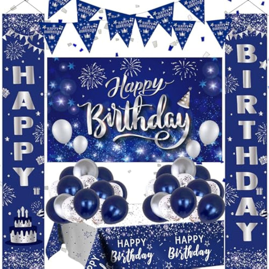 Birthday Decorations For Men Women, Navy Blue Happy Birthday Decorations For Boys Girls Bday Party Supplies, Happy Birthday Door Banner Porch Sign Tablecloth Bday Backdrop Balloons Decor For Him