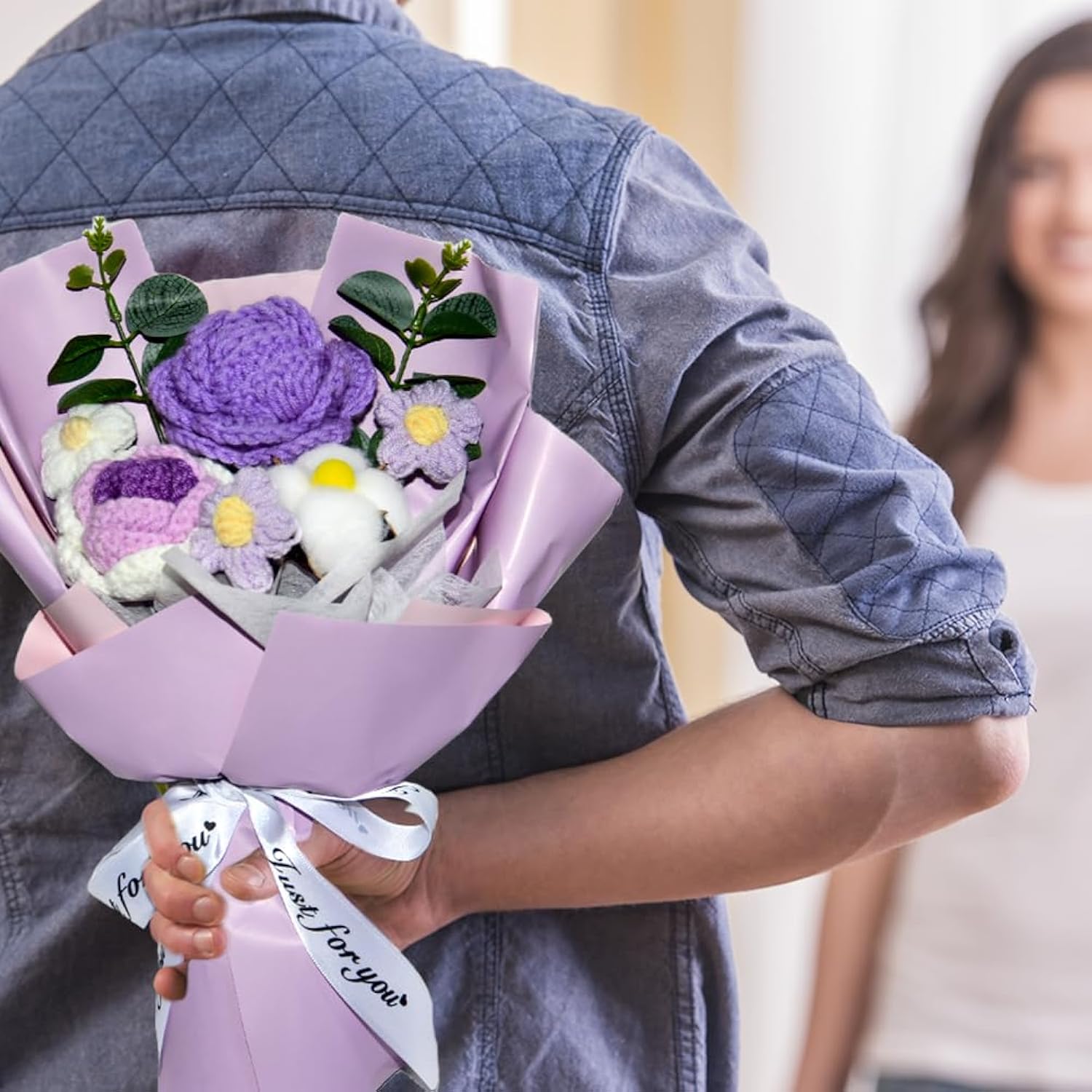 Crochet Handmade Flowers Bouquet For Women - Completed Crochet Rose Flowers Bouquet Gift For Best Friend Girlfriend Festival Wedding Graduation Anniversary (Purple)