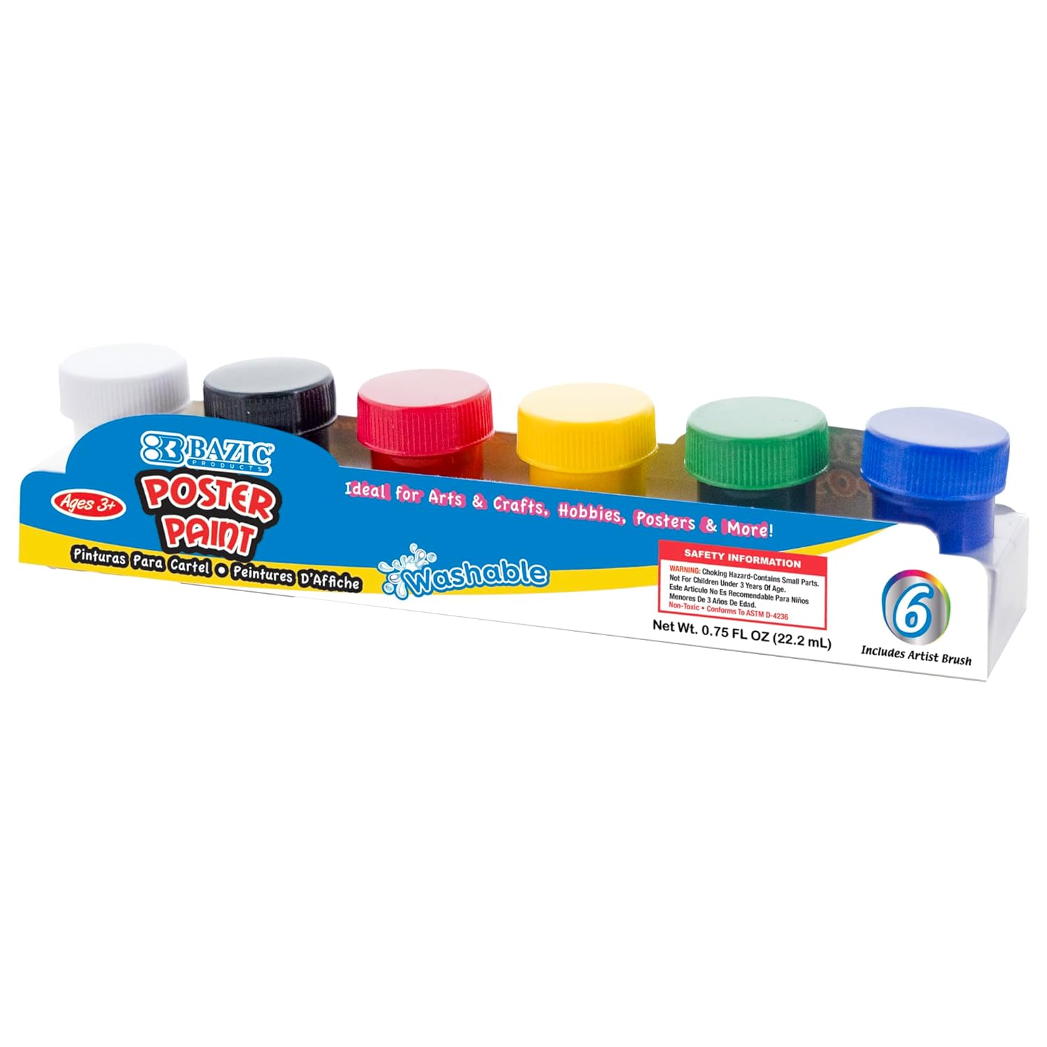 BAZIC Products Poster Paint w/Brush 4.5oz/133ml, 6 Color Non-Toxic Kids Liquid Paint, for Hobby Fun Art Supplies Crafts Vibrant Coloring Painting, 1-Pack