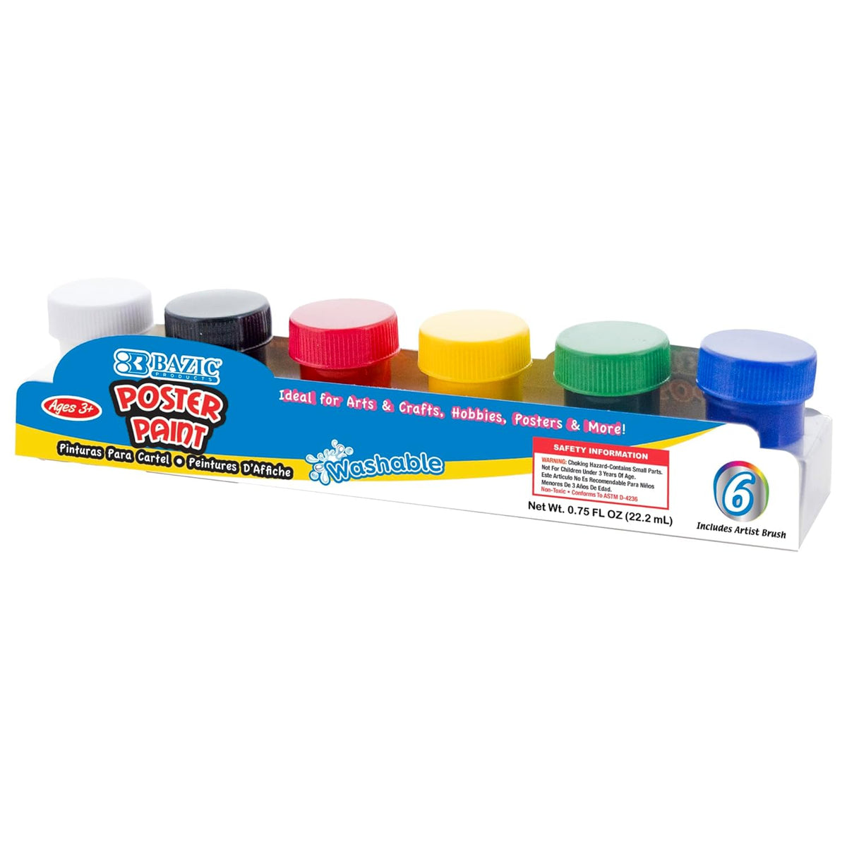 BAZIC Products Poster Paint w/Brush 4.5oz/133ml, 6 Color Non-Toxic Kids Liquid Paint, for Hobby Fun Art Supplies Crafts Vibrant Coloring Painting, 1-Pack