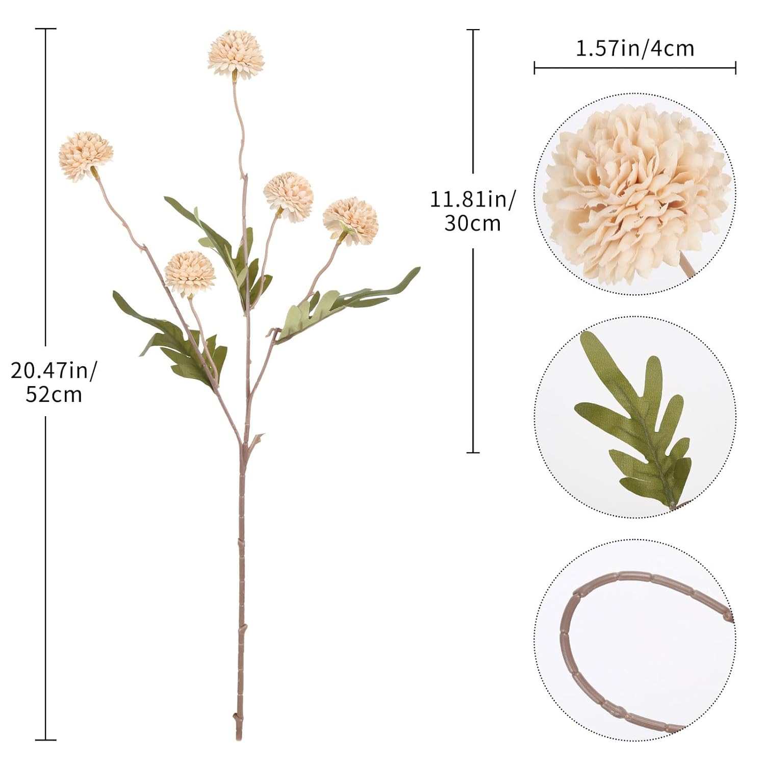 Beige Faux Kiku Flowers 8Pcs Artificial Chrysanthemum 20.47” Fake Mum Pom Pom Flowers For Wedding Centerpieces Party Silk Flowers For Home Decor Indoor