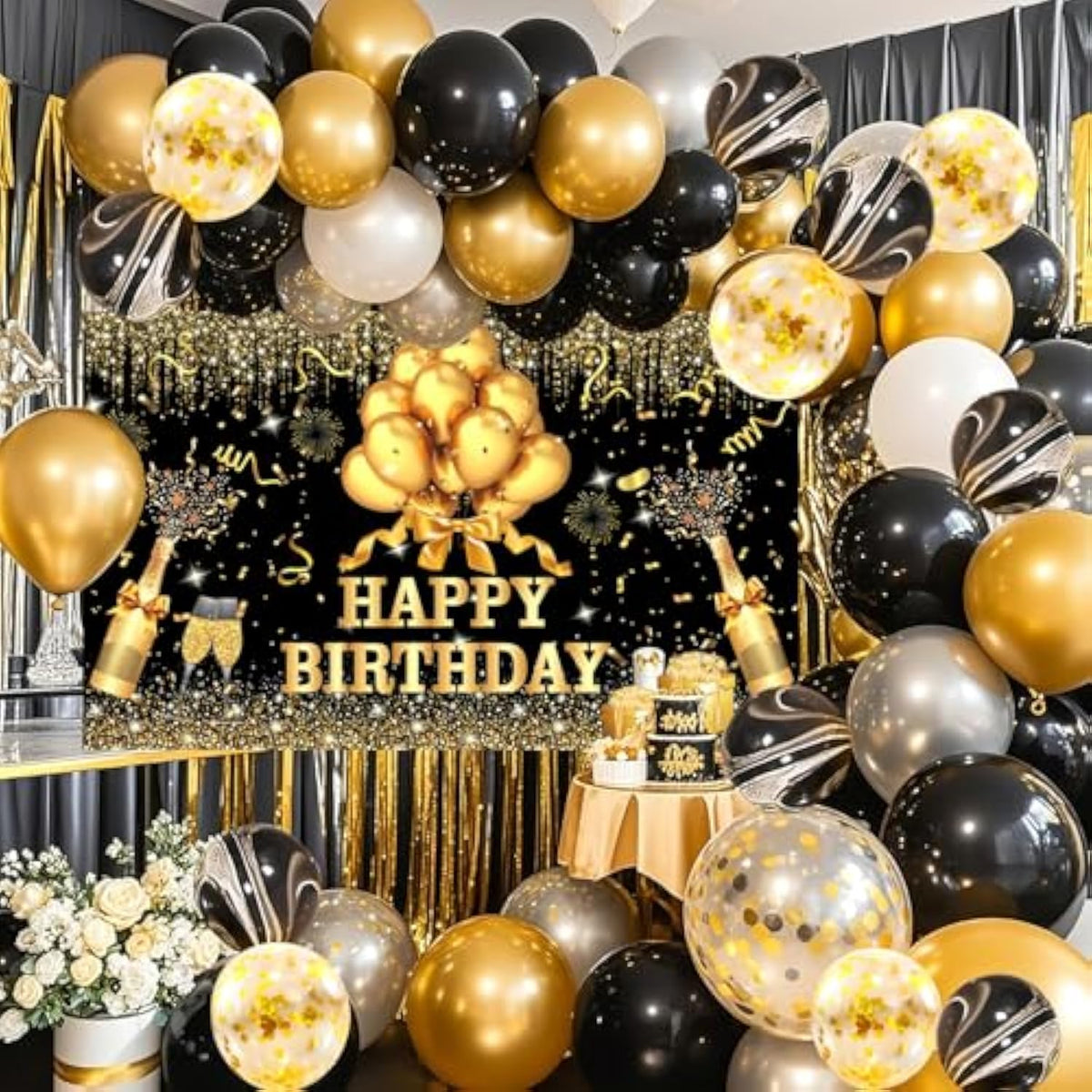 63 Pcs Black Gold Happy Birthday Party Balloons Set With Photo Backgrounds Backdrops Banner Cloth Confetti Balloon Black Golden Happy Birthday Party Supplies Decorations For Men Women
