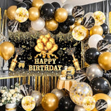 63 Pcs Black Gold Happy Birthday Party Balloons Set With Photo Backgrounds Backdrops Banner Cloth Confetti Balloon Black Golden Happy Birthday Party Supplies Decorations For Men Women