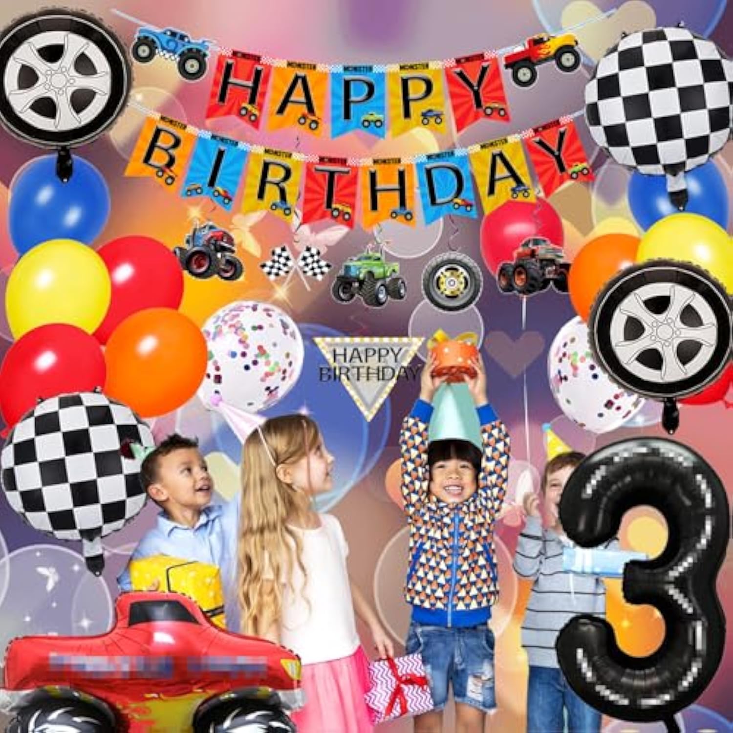 Monster Truck 3Rd Birthday Party Decorations Set - 40 Pcs Banner, Hanging Swirls, Foil & Latex Balloons For 3Rd Birthday Race Car Theme Party Supplies