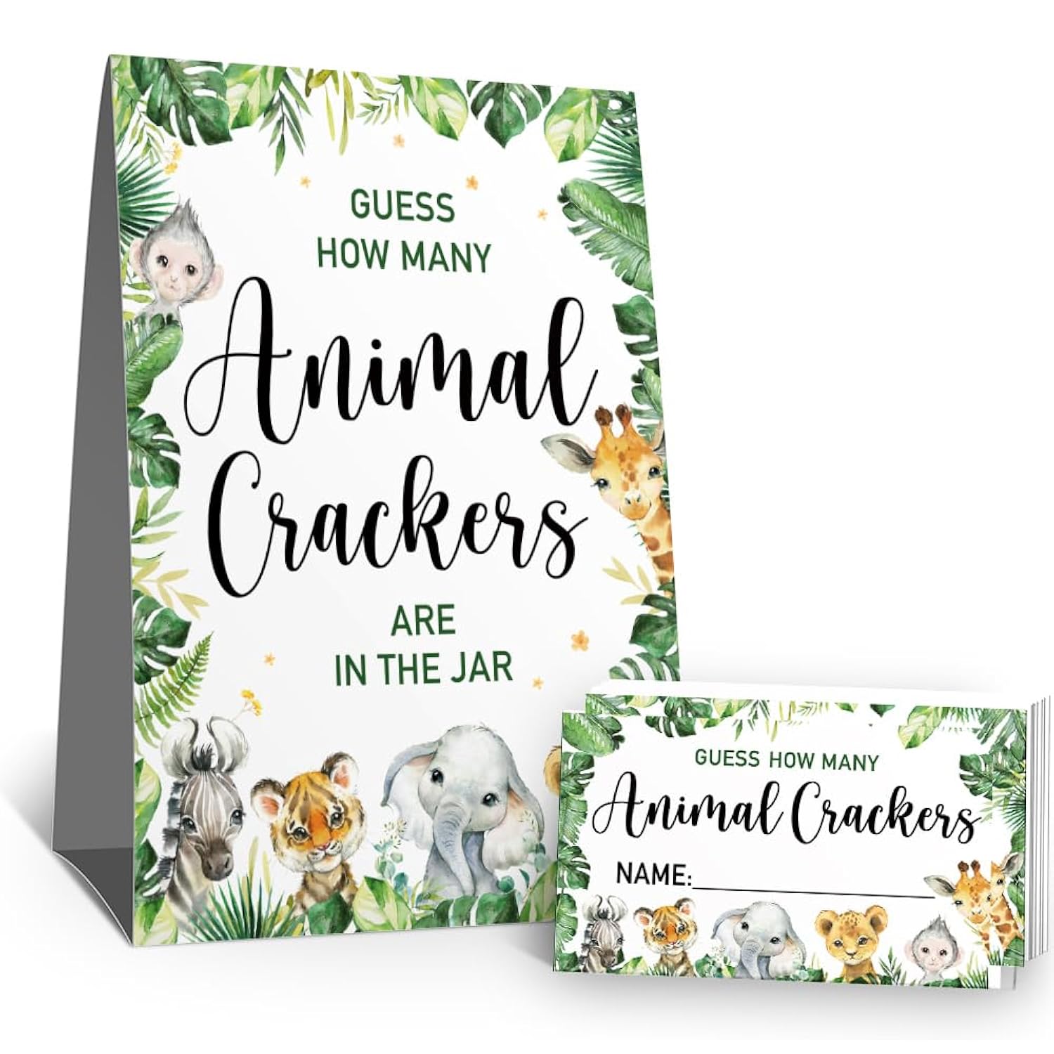 Guess How Many Animal Crackers Baby Shower Game(1 Standing Sign-50 Guessing Cards) Watercolor Woodland Safari Theme Baby Shower Game For Neutral Gender Reveal, Birthday, Christmas