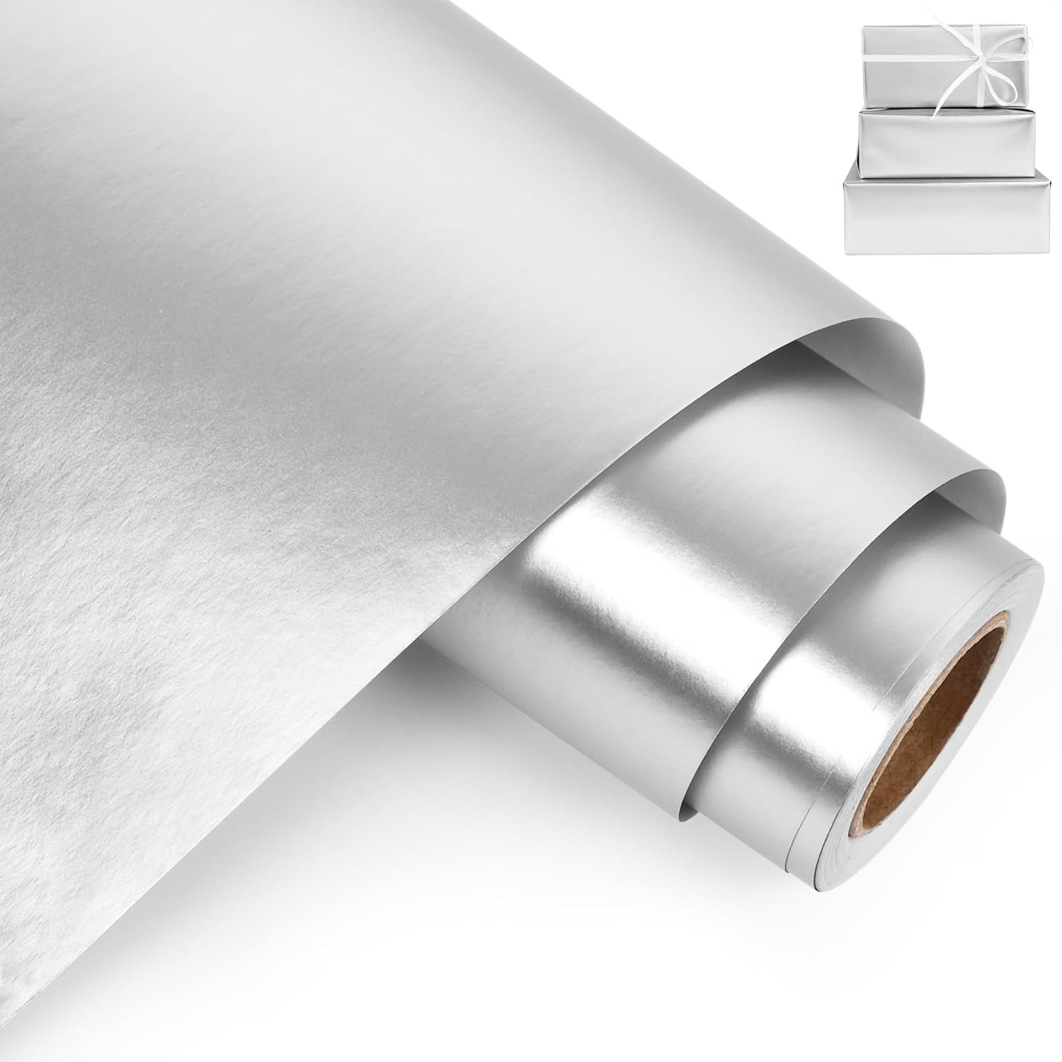 Silver Metallic Wrapping Paper Roll - 17 Inches X 32.8 Feet, Matte Solid Silver Color Paper For Birthday, Christmas, Wedding, Baby Shower, Holiday, Bridal Shower