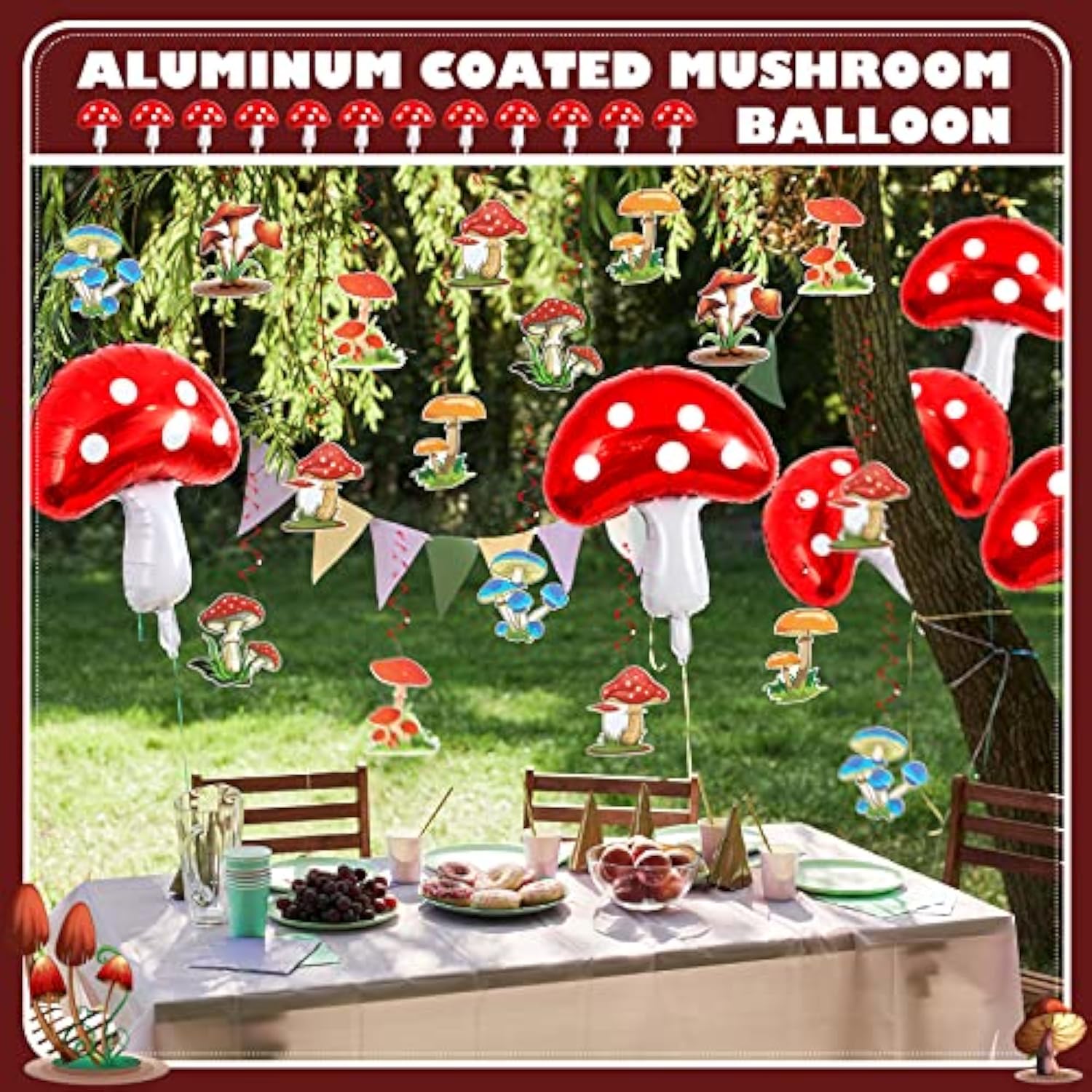 28 Pcs Mushroom Decorations Hanging Swirls Foil Balloons Forest Plant Theme Balloon Wonderland Party Supplies Wall Decor For Wedding Birthday
