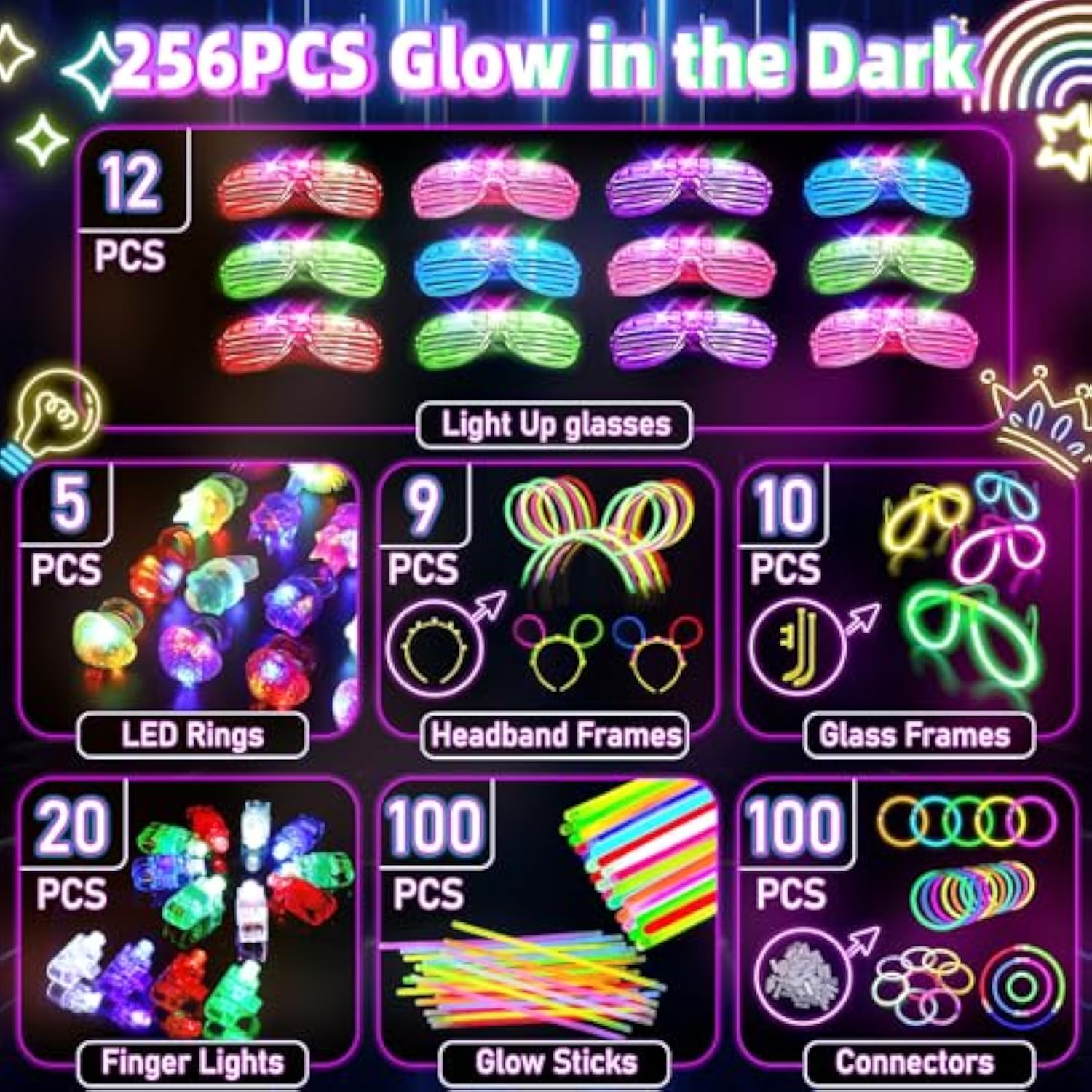 Glow In The Dark Supplies For Kids Adults, Light Up Party Favors, 56 Led Light Up Toys, 100 Glow Sticks Bulk Party Pack Diy Glasses Headbands Necklaces For Neon Party Supplies & Decorations