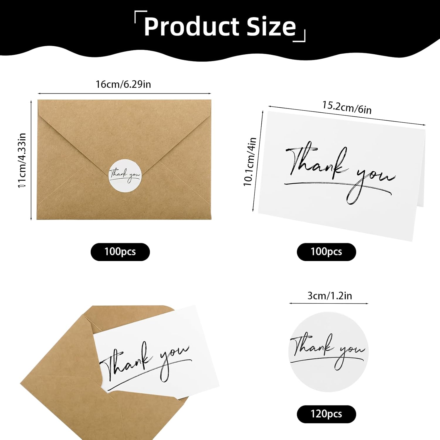 100 Thank You Cards 4X6 Inch, With 100 Kraft Envelopes And 120 Stickers, Thank You Notes Set Bulk,Brown Paper Envelopes,Minimalistic Design For Baby Shower Bridal Shower Business Wedding Graduation