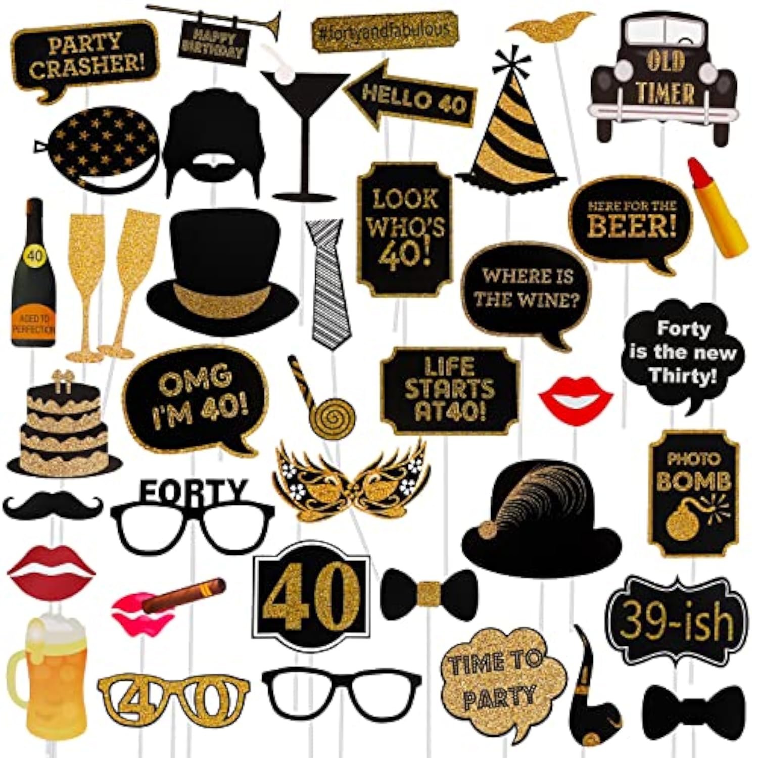 40Th Birthday Photo Booth Props - 41 Pcs Black And Gold Decor, Funny Milestone Party Supplies For Men & Women, Retro 1986 Theme Selfie Station Accessories For Surprise Party, 40Th Celebration Bash