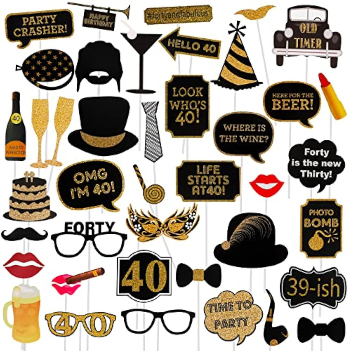 40Th Birthday Photo Booth Props - 41 Pcs Black And Gold Decor, Funny Milestone Party Supplies For Men & Women, Retro 1986 Theme Selfie Station Accessories For Surprise Party, 40Th Celebration Bash
