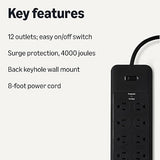 12 Outlet Surge Protector Power Strip 8FT Extension Cord 4000J Heavy Duty for Home Office Gaming