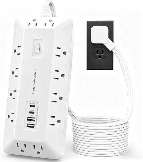 16-in-1 Surge Protector Power Strip 12 AC Outlets 4 USB 6FT Flat Plug