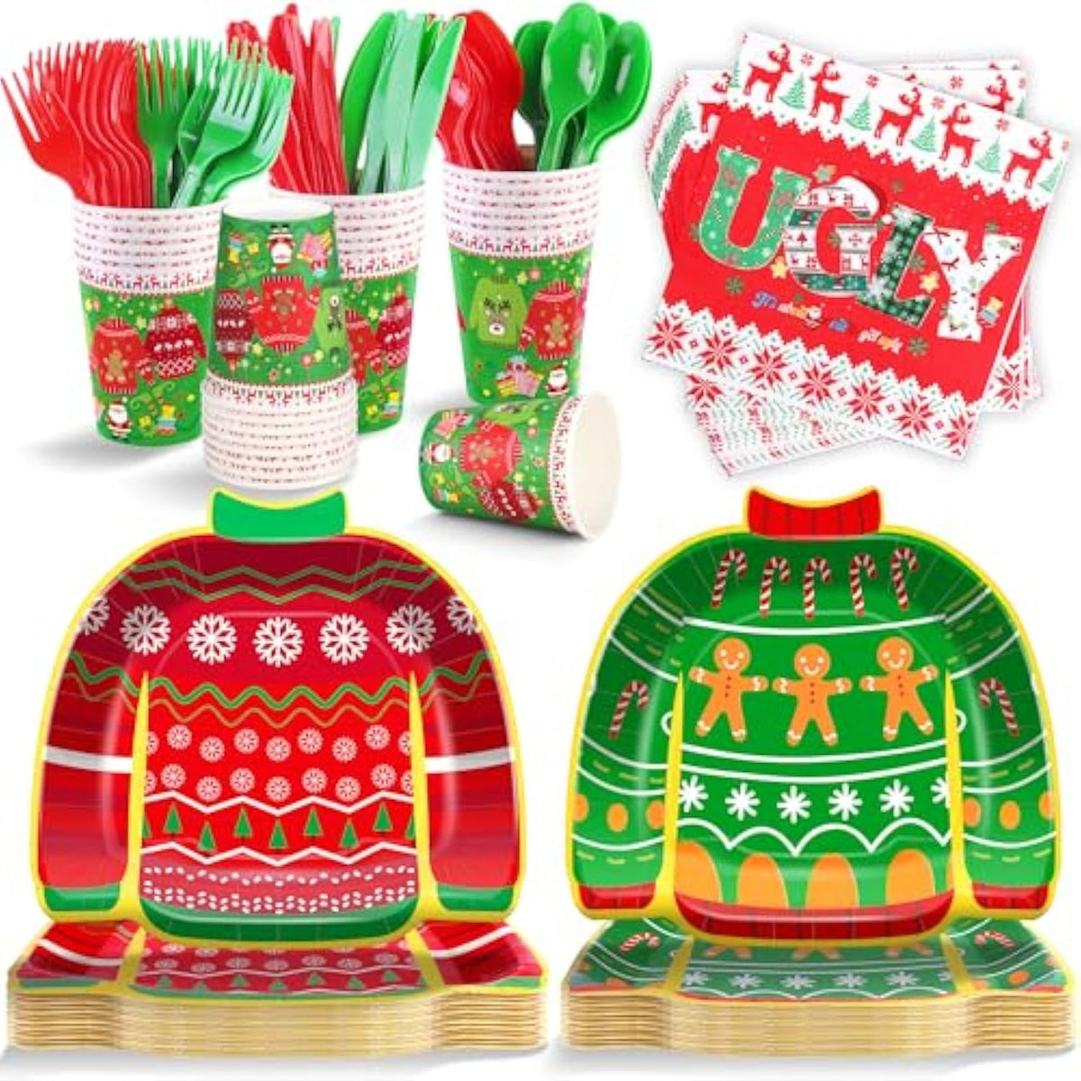 168 Pieces Ugly Sweater Christmas Paper Plates Ugly Sweater Party Decorations Xmas Disposable Dinnerware Set Ugly Party Plates Napkins Cups Cutlery Party Supplies Set, Serves 24 Guests