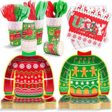 168 Pieces Ugly Sweater Christmas Paper Plates Ugly Sweater Party Decorations Xmas Disposable Dinnerware Set Ugly Party Plates Napkins Cups Cutlery Party Supplies Set, Serves 24 Guests