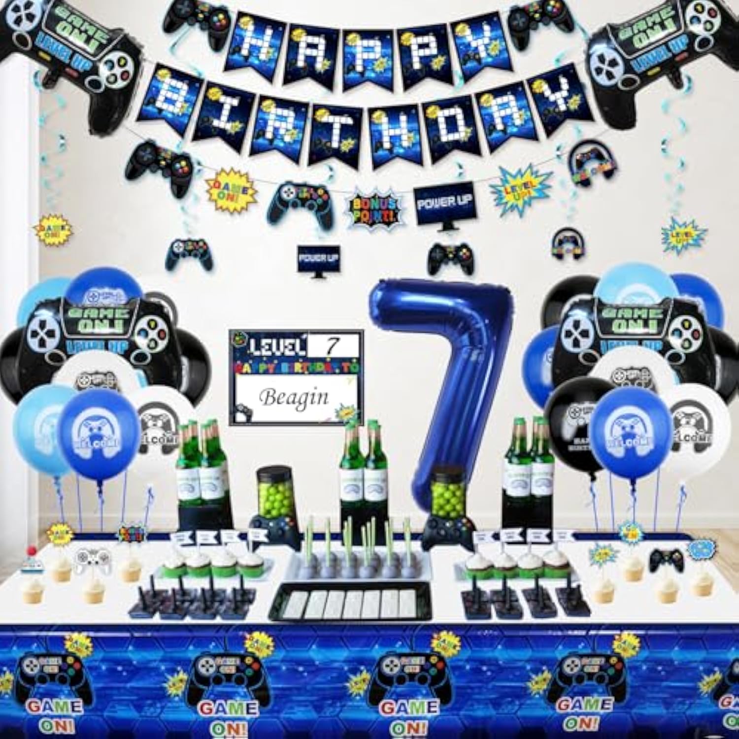 Video Game Party Decorations - 7Th Birthday Decorations For Boys, Happy Birthday Banner, Video Game Balloons, Number 7 Blue Balloons, Gaming Hanging Swirls, Game On Birthday Party Supplies