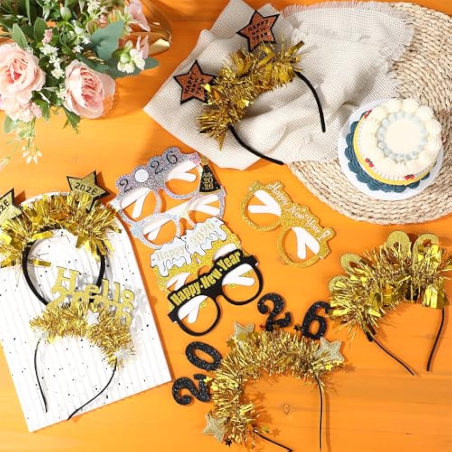 36pcs New Year 2026 Glasses and Black Gold Headbands Party Favors