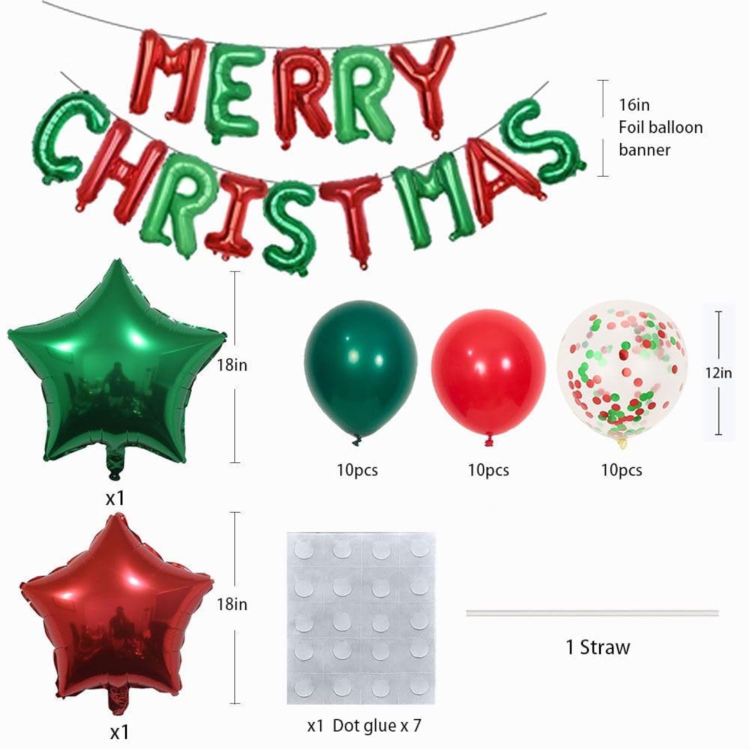 Merry Christmas Balloons Banner 13Pcs Aluminum Foil 16 Inch Letters With 2Pcs 18 Inch Star Balloons 30Pcs Red Green Confetti Balloon For Christmas Party Decorations