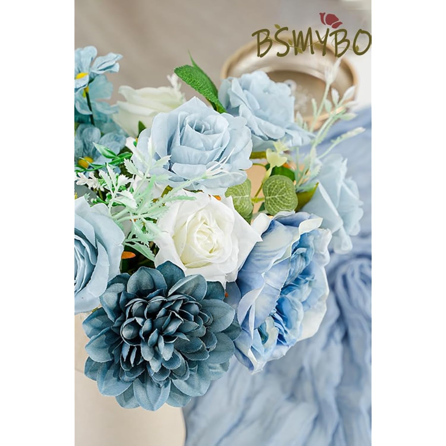 Dusty Blue Artificial Flowers Combo, Baby Blue Wedding Flowers Fake Floral Bulk Bouquets, Light Blue Flowers, Silk Rose Flowers For Wedding Bridal Shower Table Centerpieces & Home Party Decor