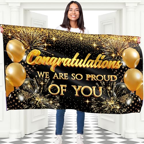 Congratulations Banner - Graduation Decorations for Prom - You Did It - Well Done - We Are So Proud of You - 5x3ft (Black and Gold)