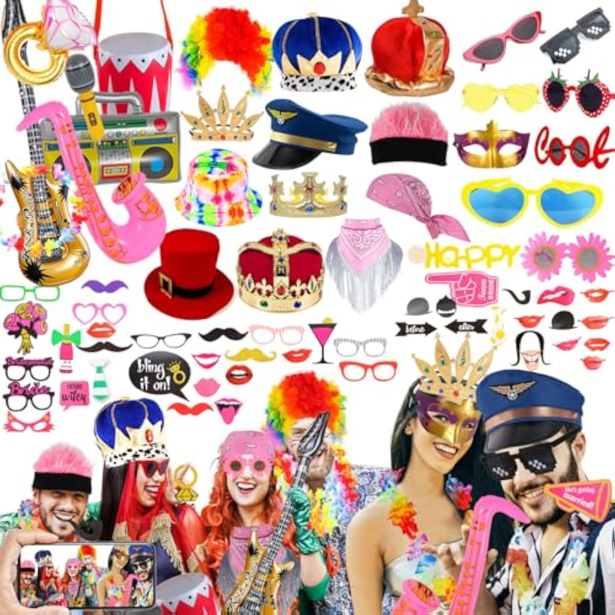 Bulk Opulent Photo Booth Props Set Hats Glasses Wig Inflatable Graduation Wedding