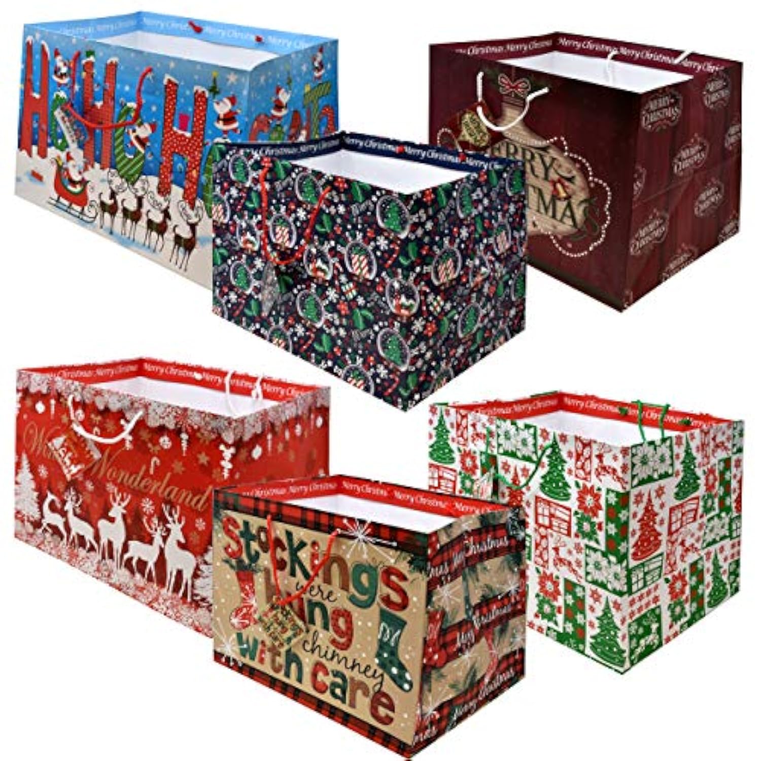 12 Jumbo Christmas Tote Bags With Handles 15" Wide X 11" High X 11" Deep Extra Wide Large Giant Reusable Grocery Shopping Paper Bags Big Gusset For Food Cookie Container & Foil Tin Pan