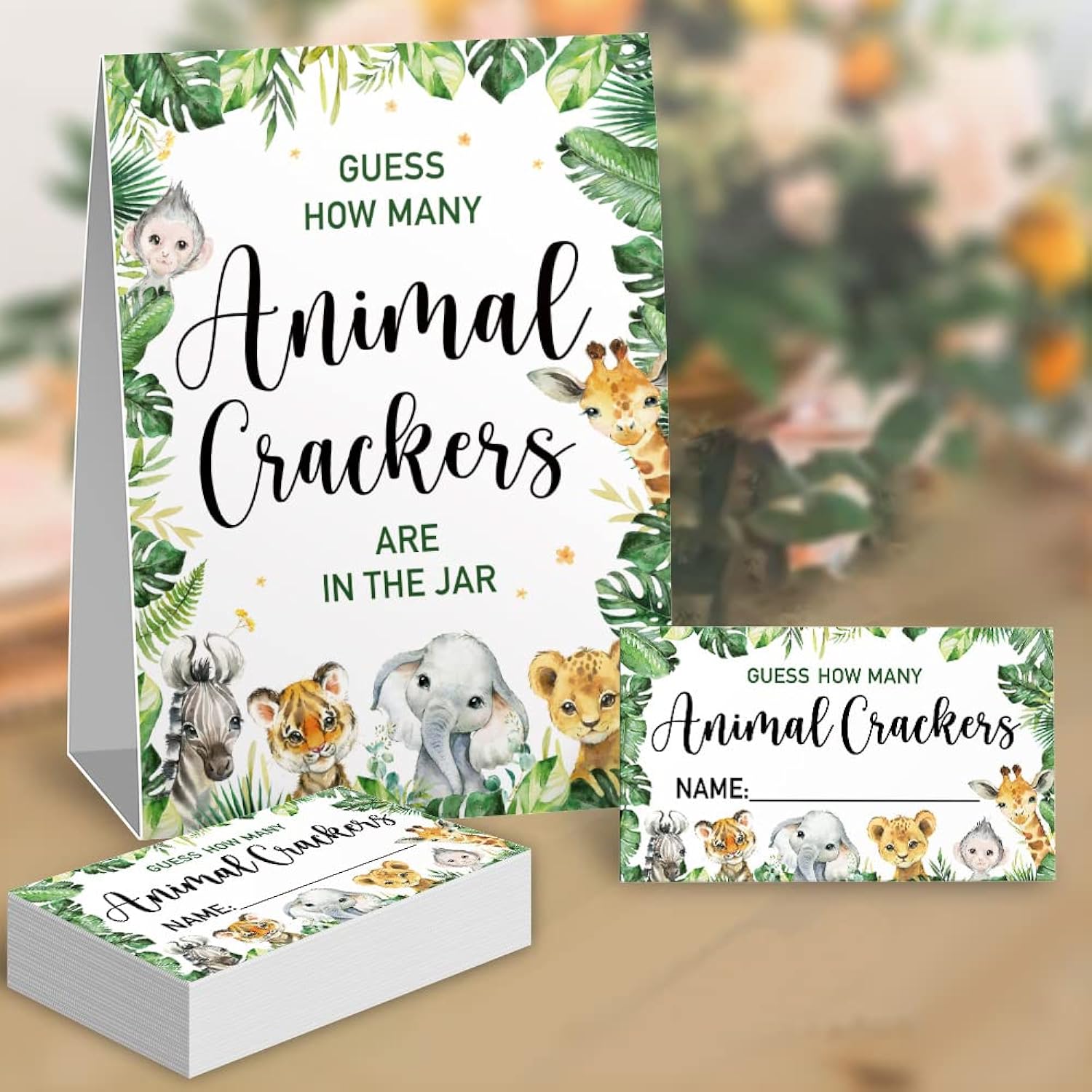 Guessing Animal Crackers Baby Shower Party Game Cards, Safari Jungle Zoo Animals Baby Shower Raffle Insert Ticket, Baby Showers Party Decorations Game Cards Kit (1 Standing Sign + 50 Guessing Cards)