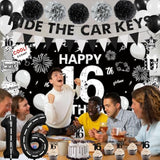 16Th Birthday Party Decorations For Boys, Hide The Car Keys 16 Years Old Banner, Black 16Th Number Balloons & Cake Topper, Glitter Black Sweet 16 Party Honeycomb Hanging Swirl, Bro I'M 16