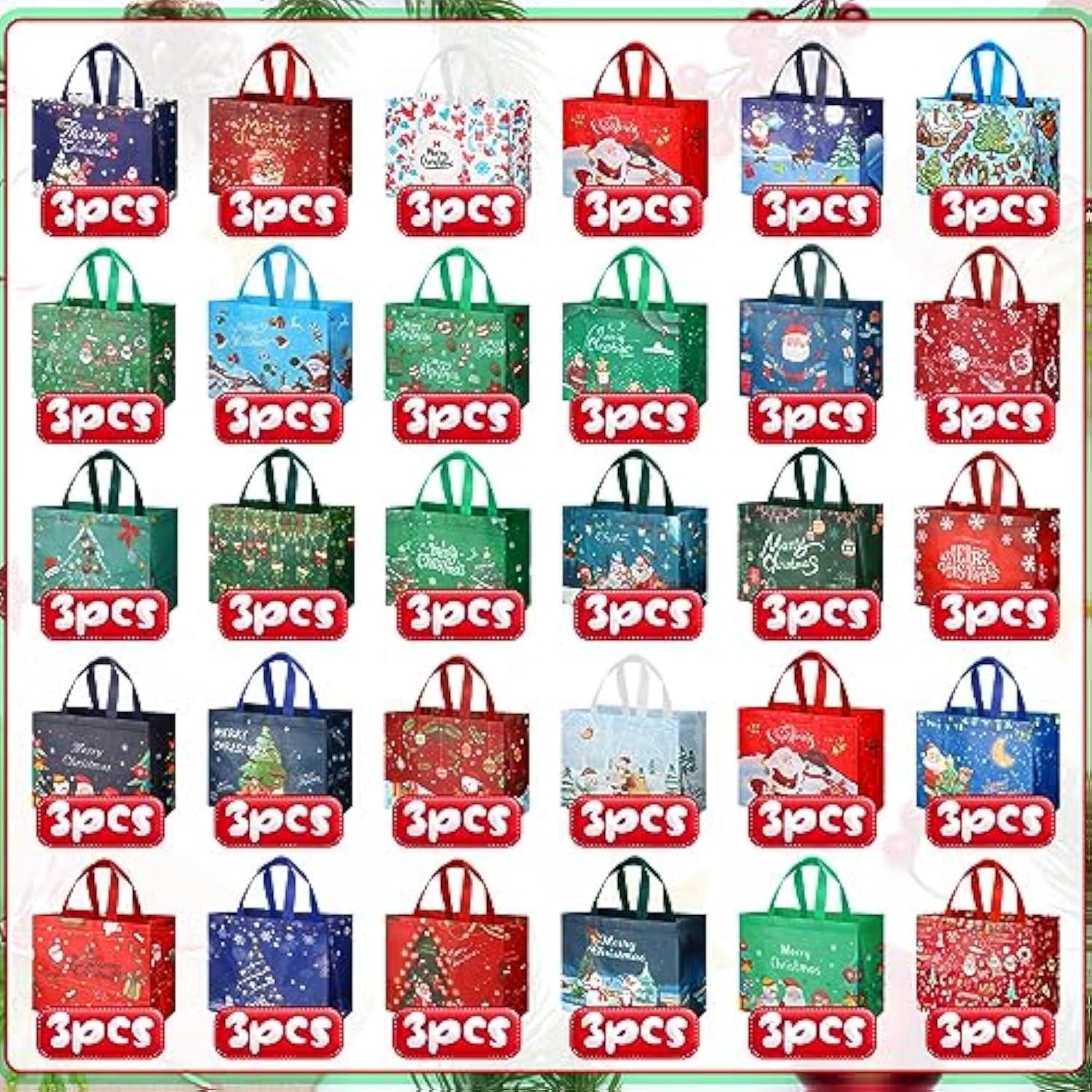 90 Pack Christmas Gift Bags Large Reusable Non-Woven Tote Shopping Bags With Handles For Xmas Gift Wrap Party Favor Christmas Surprise Supplies, 12.6 X 9.8 X 6.7 Inch, 30 Styles