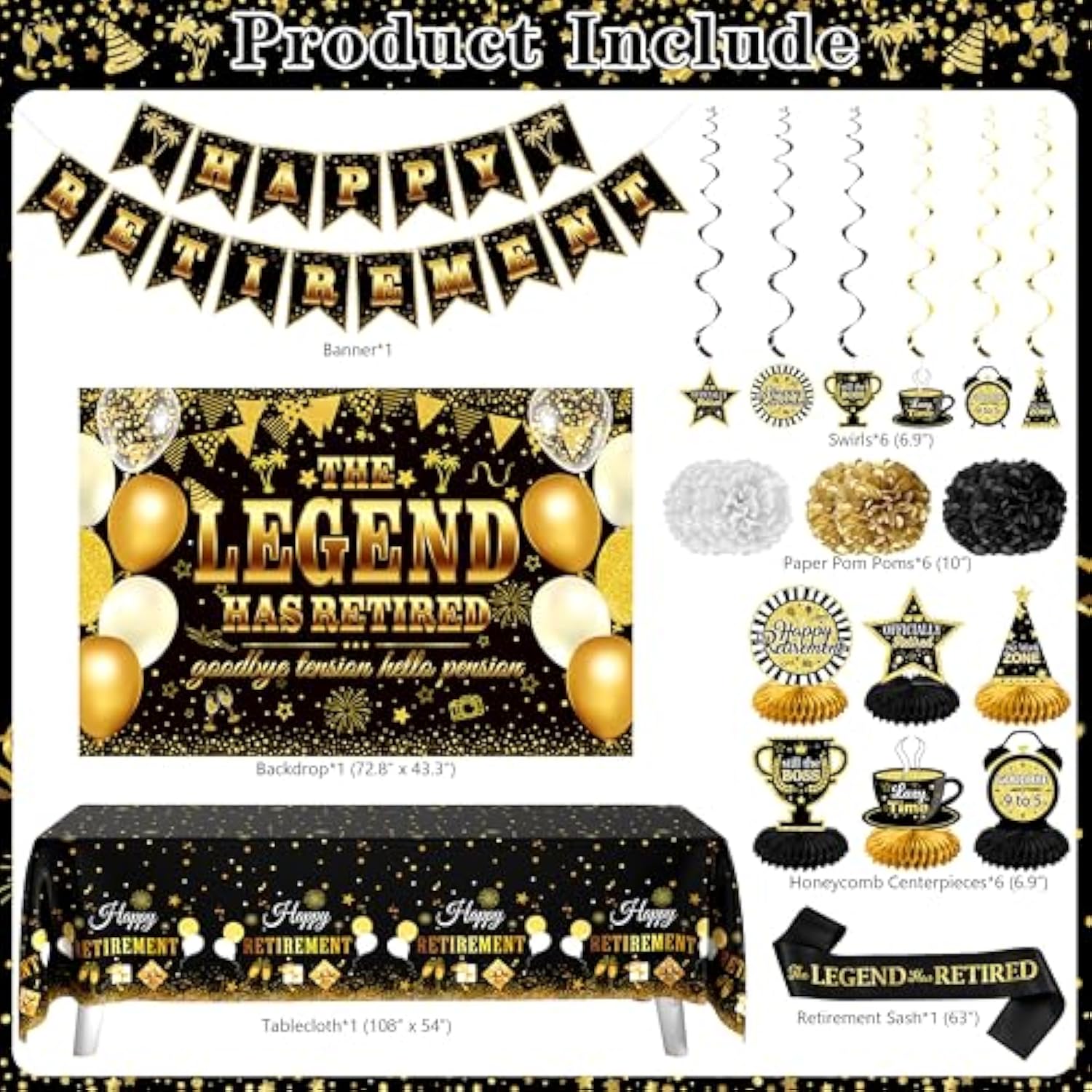 Retirement Party Decorations, 109Pcs Black Gold Happy Retirement Decorations For Men Women, The Legend Has Retired Backdrop Sash Banner Tablecloth Pompoms Centerpiece Hanging Swirls Balloons