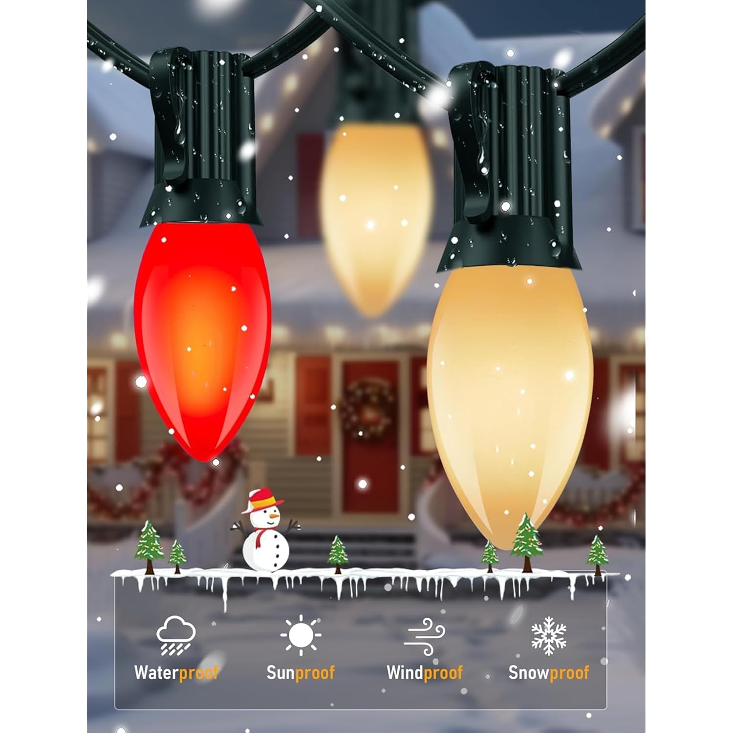 C7 26.5Ft Vintage Led Christmas Tree Lights, 0.6W Old Fashioned Christmas String Lights With 27 Red White Ceramic Bulbs(