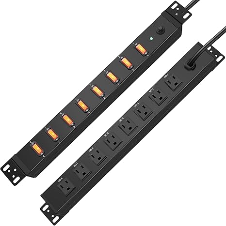 8 Outlet 1U Rack Mount PDU Power Strip 1200J Surge Protector 6FT Cord Metal Black
